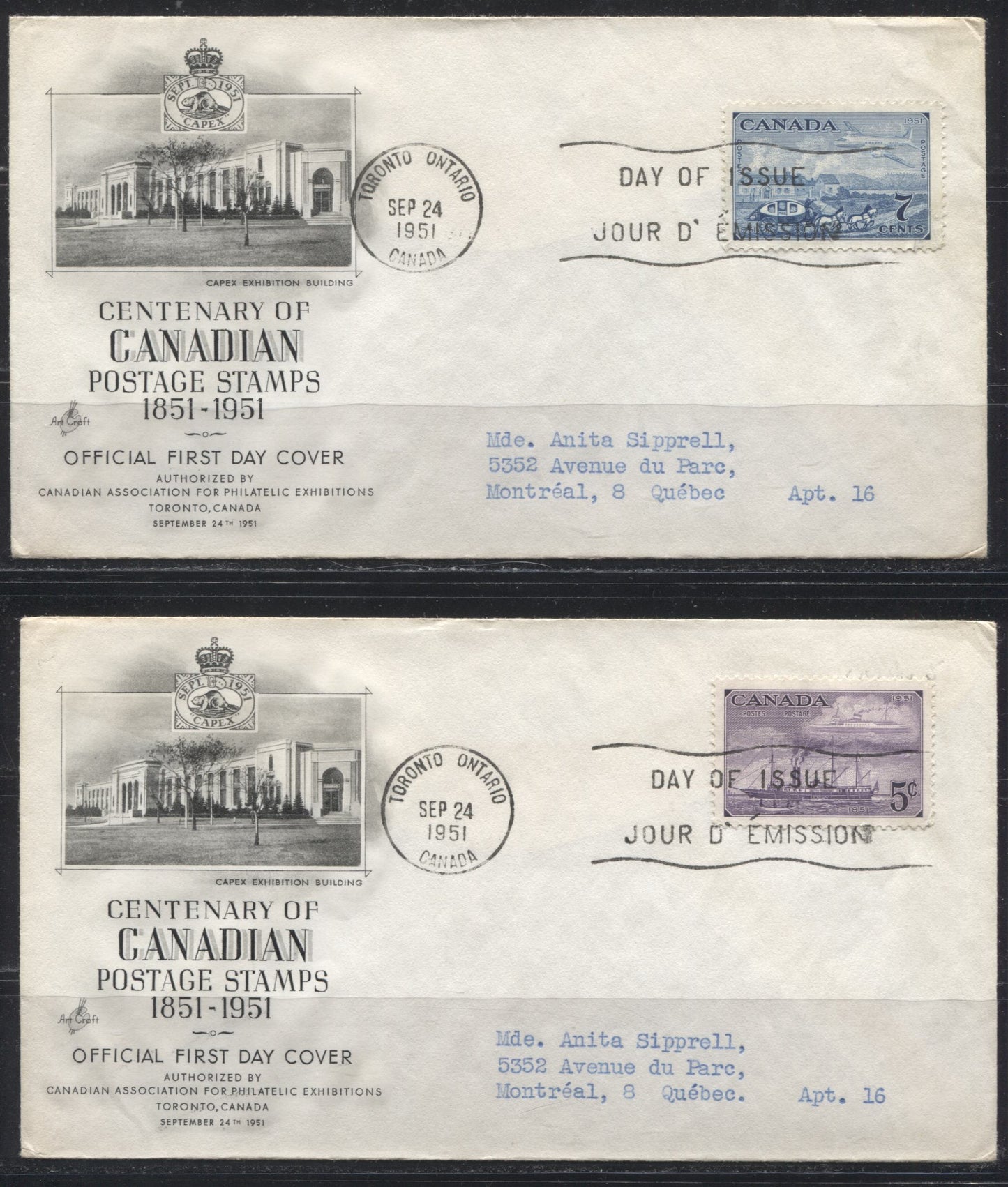 1951 CAPEX Issue - A Complete Set of Artcraft FDC's Plus 2 Additional Cachets - 6 Covers in Total