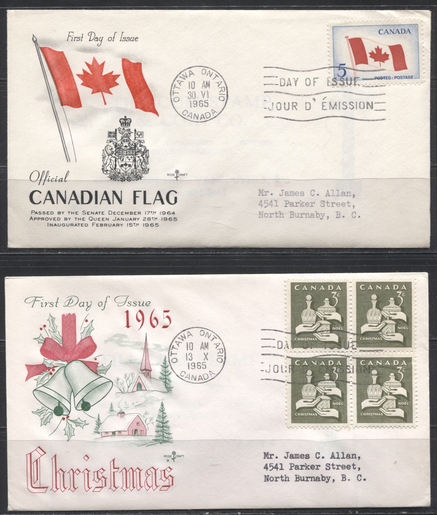 1965 Commemorative Issues - 8 Rosecraft and 1 Chickering First Day Covers Franked With Singles and Blocks of 4