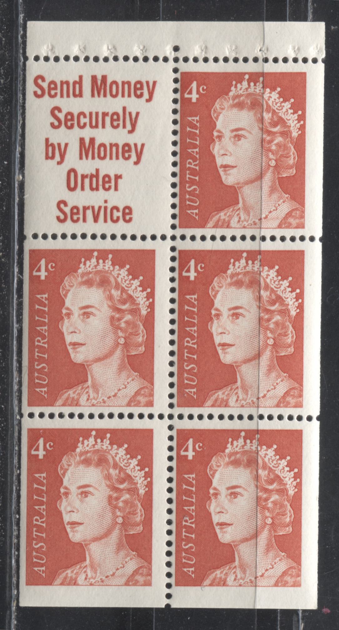 Australia #397a (SG#385a) 4c Orange Red Queen Elizabeth II 1966-1973 Decimal Definitive Issue, a Fine NH Booklet Pane of 5 + Label, Printed on Helecon Paper
