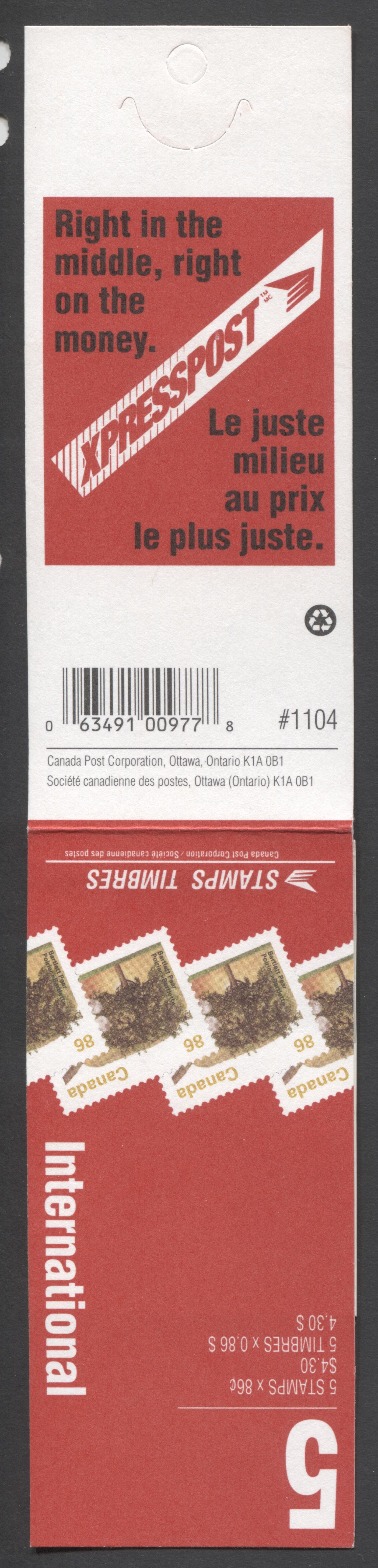 Canada #BK157Aa-Ad 1991-1998 Fruit and Flag Definitive Issue, Complete $4.30 Booklet, Harrison Paper, Dead Paper, 4 mm GT-4 Tagging