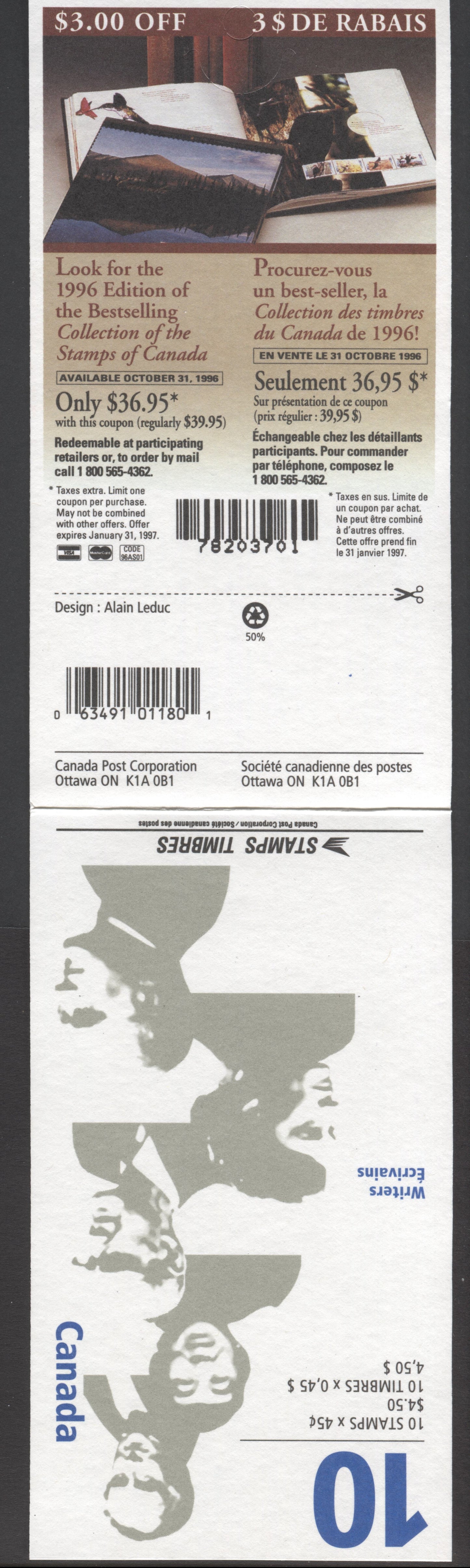 Canada #BK195a-b (SG #SB209) 1996 Canadian Authors Issue, Complete $4.5 Booklet, Front Cover