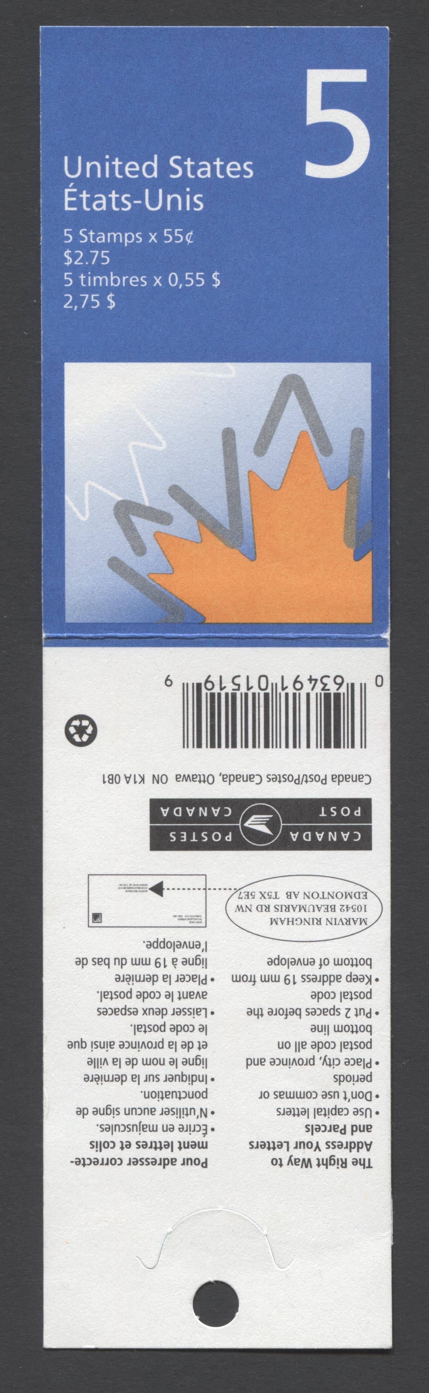 Canada #BK216a-b 1998-2003 Trades and Wildlife Definitive Issue, Complete $2.75 Booklet, Tullis Russell Coatings Paper, Dead Paper, 4 mm GT-4 Tagging