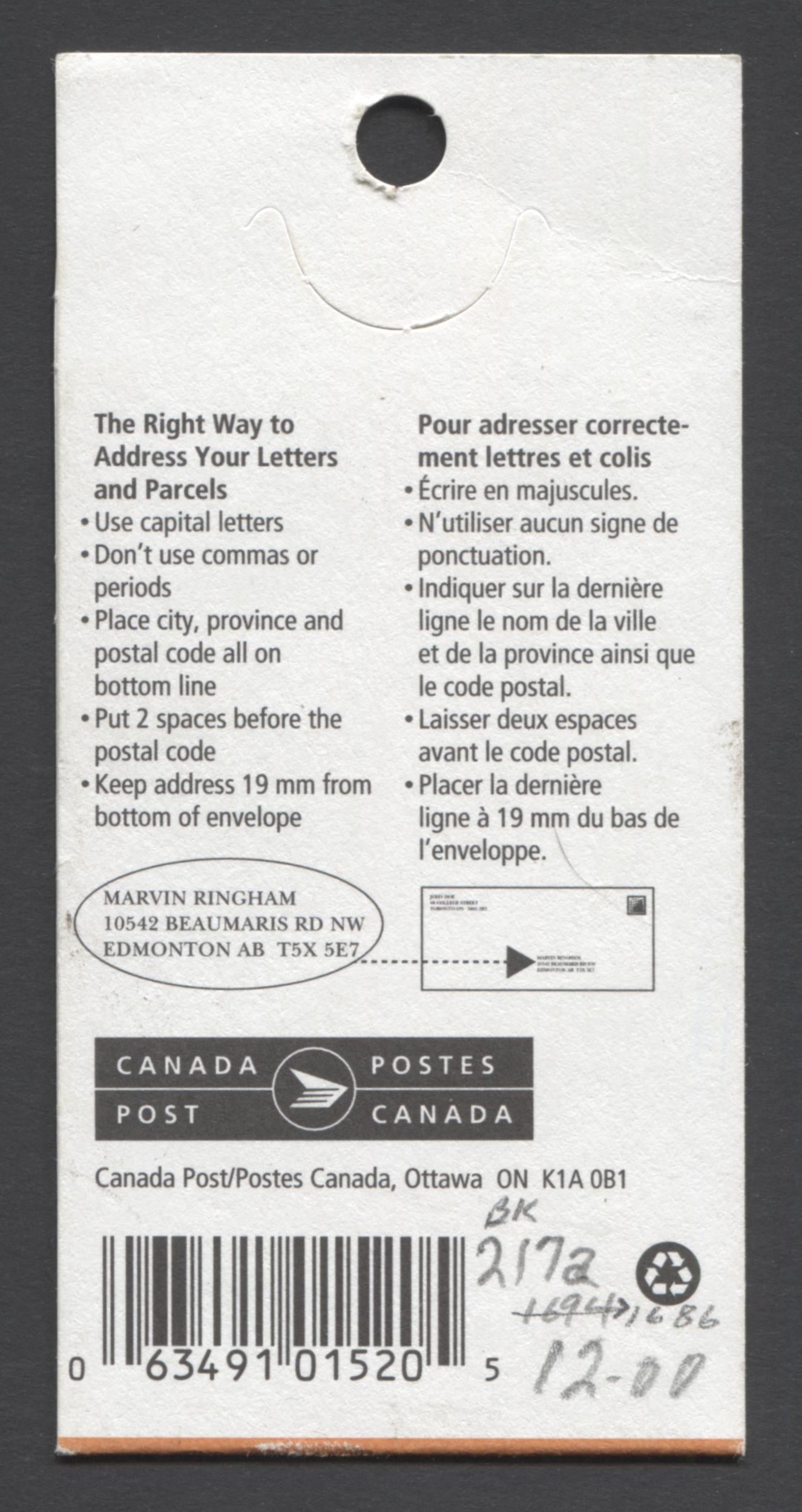 Canada #BK217a-b 1998-2003 Trades and Wildlife Definitive Issue, Complete $4.75 Booklet, Tullis Russell Coatings Paper, Dead Paper, 4 mm GT-4 Tagging