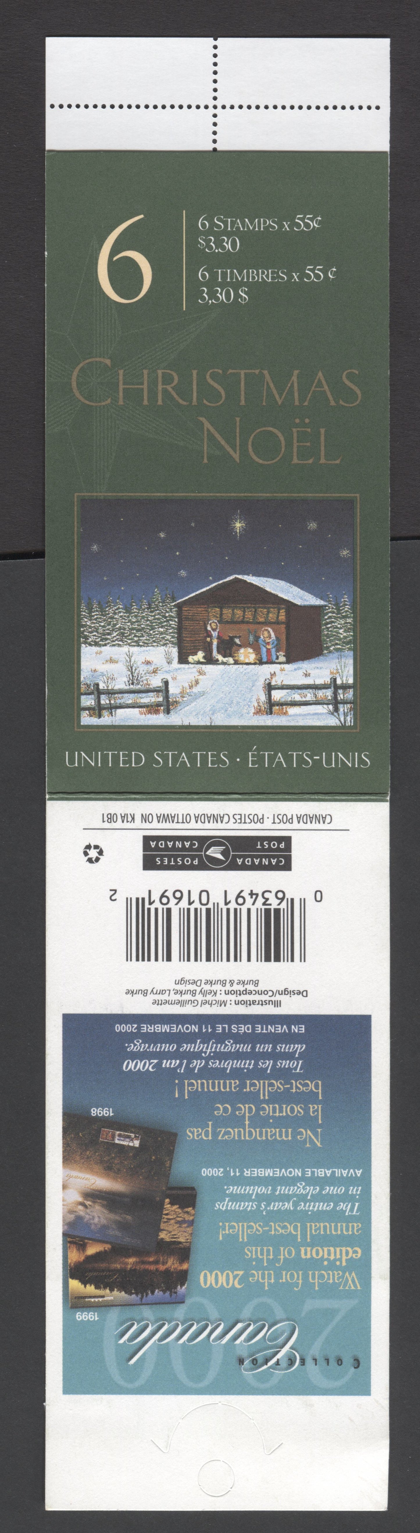 Canada #BK234a-b 2000 Christmas Issue, Complete $3.30 Booklet, Peterborough Paper, Dead Paper, 4 mm GT-4 Tagging