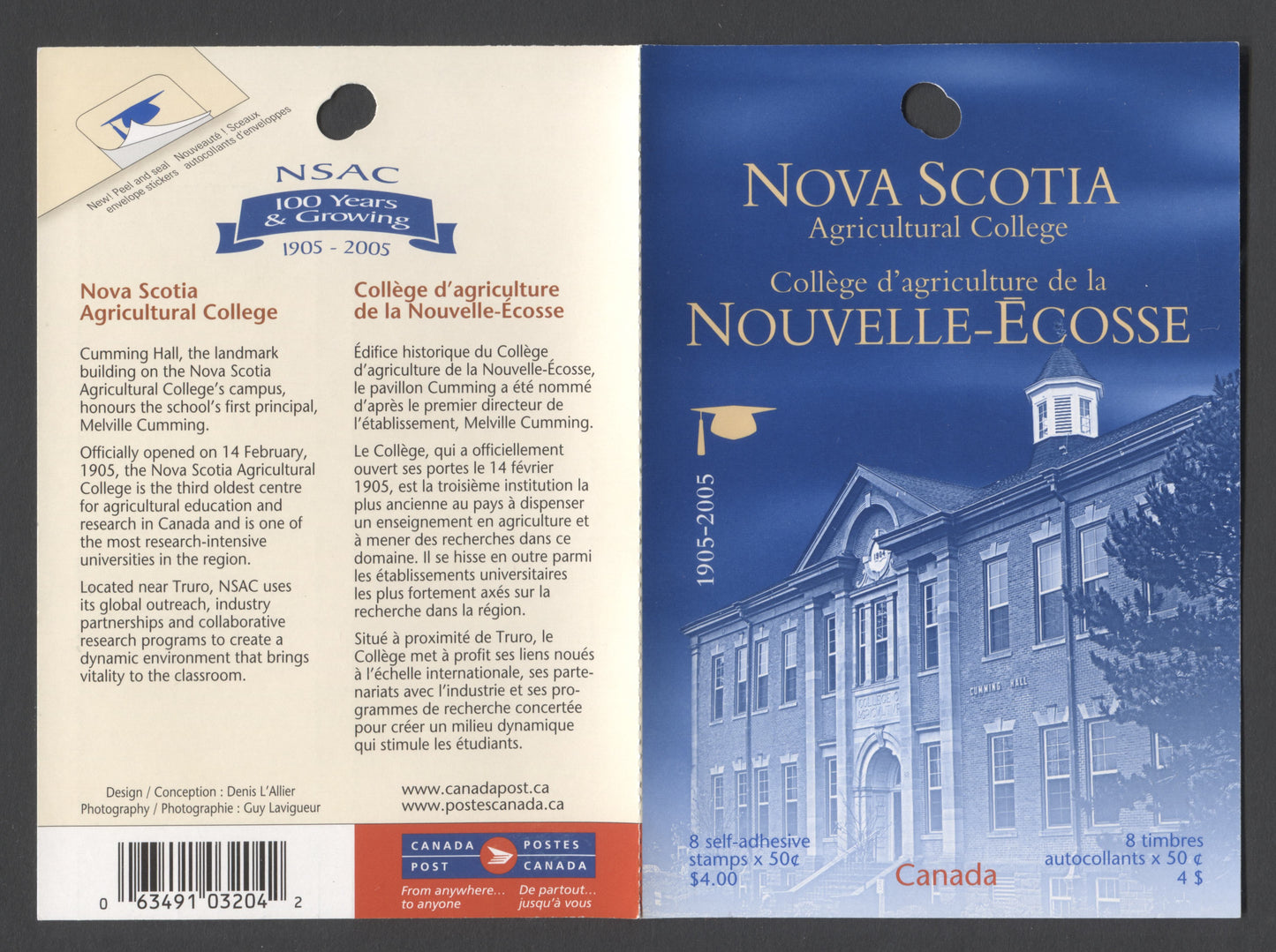 Canada #BK307 2005 Nova Scotia Agricultural College Issue, Complete $4 Booklet, Fasson Paper, Dead Paper, 4 mm GT-4 Tagging