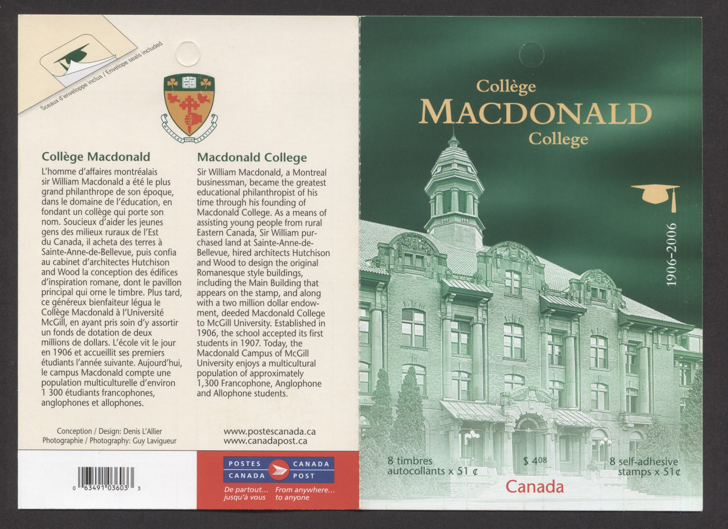 Canada #BK334 2006 Macdonald College Issue, Complete $4.08 Booklet, Tullis Russell Coatings Paper, Dead Paper, 4 mm GT-4 Tagging