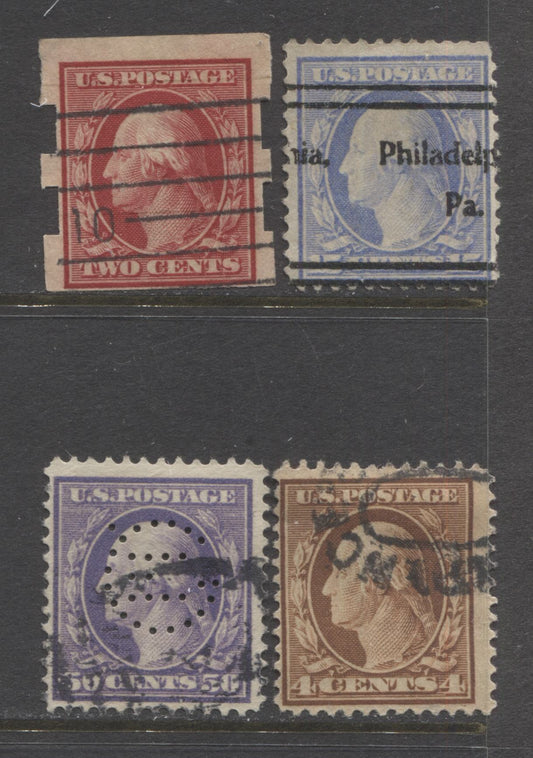 Lot 96 United States SC#334, 340-341, 344 1908-1909 Washington-Franklin Issue, 4 Fine Used Examples, Watermarked, Imperf & Perf 12. 2022 Scott Classic Catalogue $33.75 USD. Est. $15., Click on Listing to See ALL Pictures