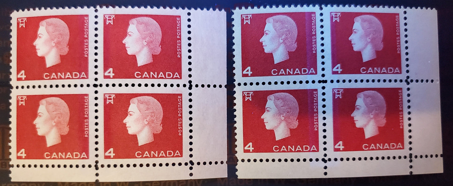 Canada #404x 4c Carmine, 1962-1963 Queen Elizabeth - Cameo Issue, 2 VFNH Blocks Of 4 DF Paper With 5x8mm Bars/Pane. Smooth & Grainy Dex Gum. Light Bluish White Tagging