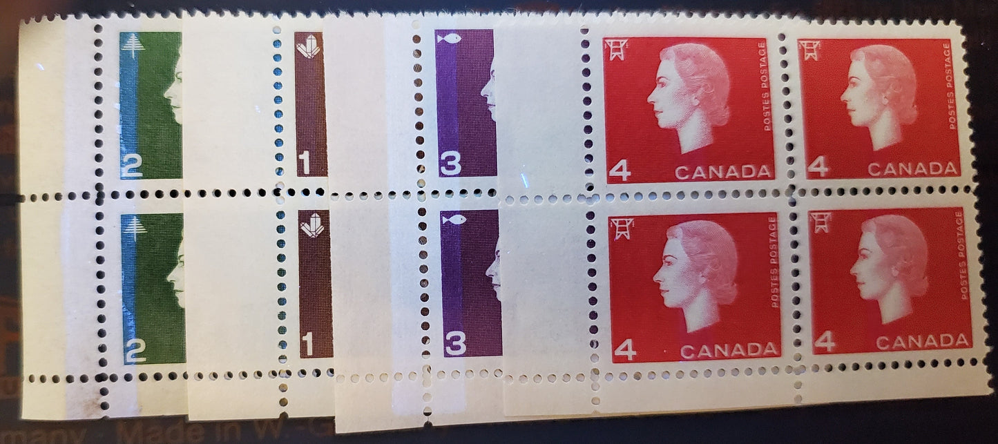 Canada #401p-404p 1c-4c Brown-Carmine, 1962-1963 Queen Elizabeth - Cameo Issue, 4 VFNH Blocks Of 4 Tagged, 4c is WCB, All Light Bluish White Tagging Except The 2c (Bright Bluish Under UV)