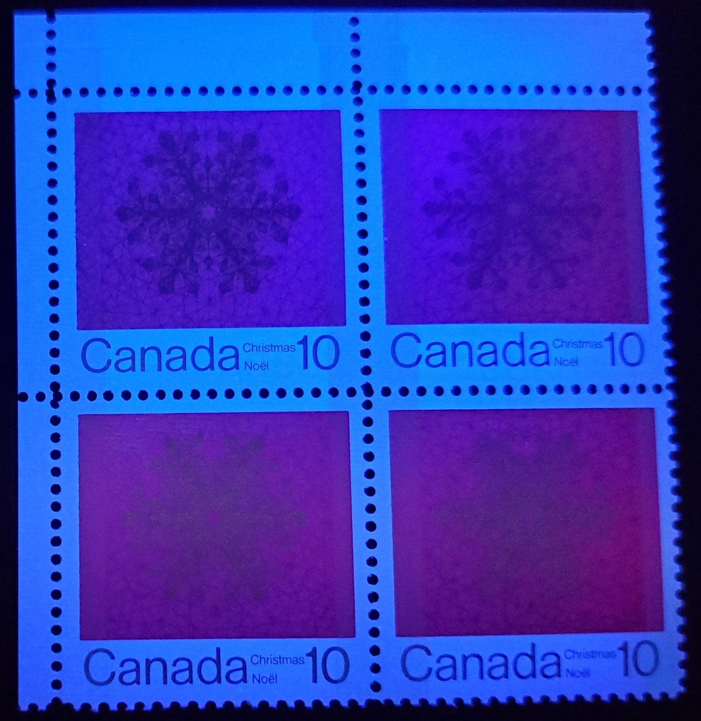 Lot 9 Canada #556pi 10c Deep Carmine And Silver, 1971 Christmas - Snowflakes Issue, A VFNH UL Block Of 4 W2B On HF Horizontal Ribbed Paper