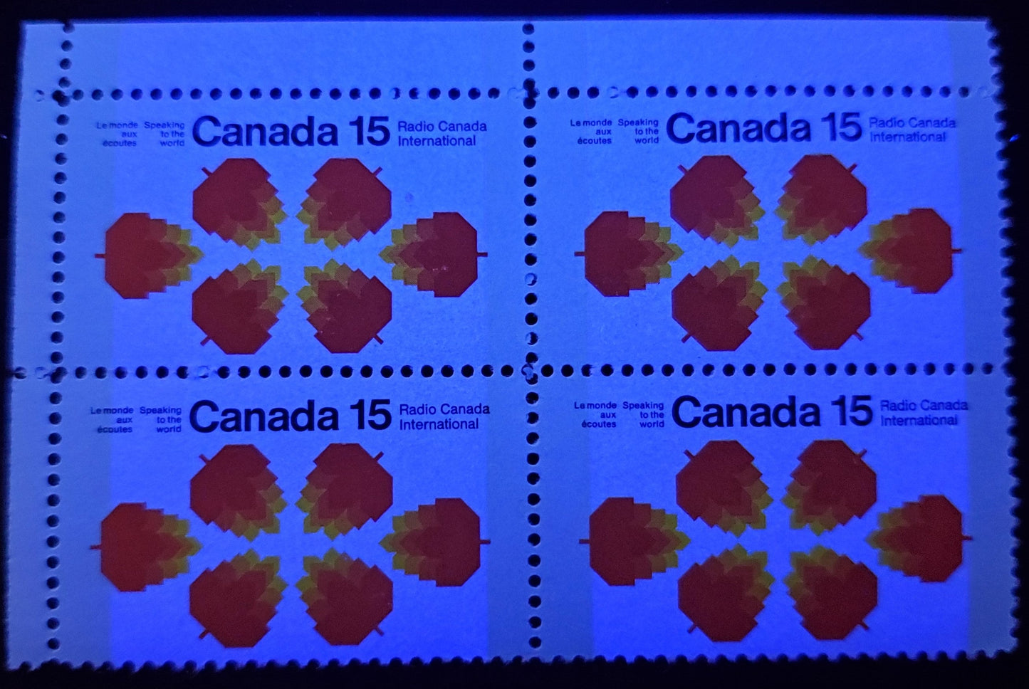 Canada #541p 15c Black, Red Orange & Yellow Maple Leaves, 1971 Radio Canada International Issue, A VFNH UL Block Of 4 W2B, Tagged