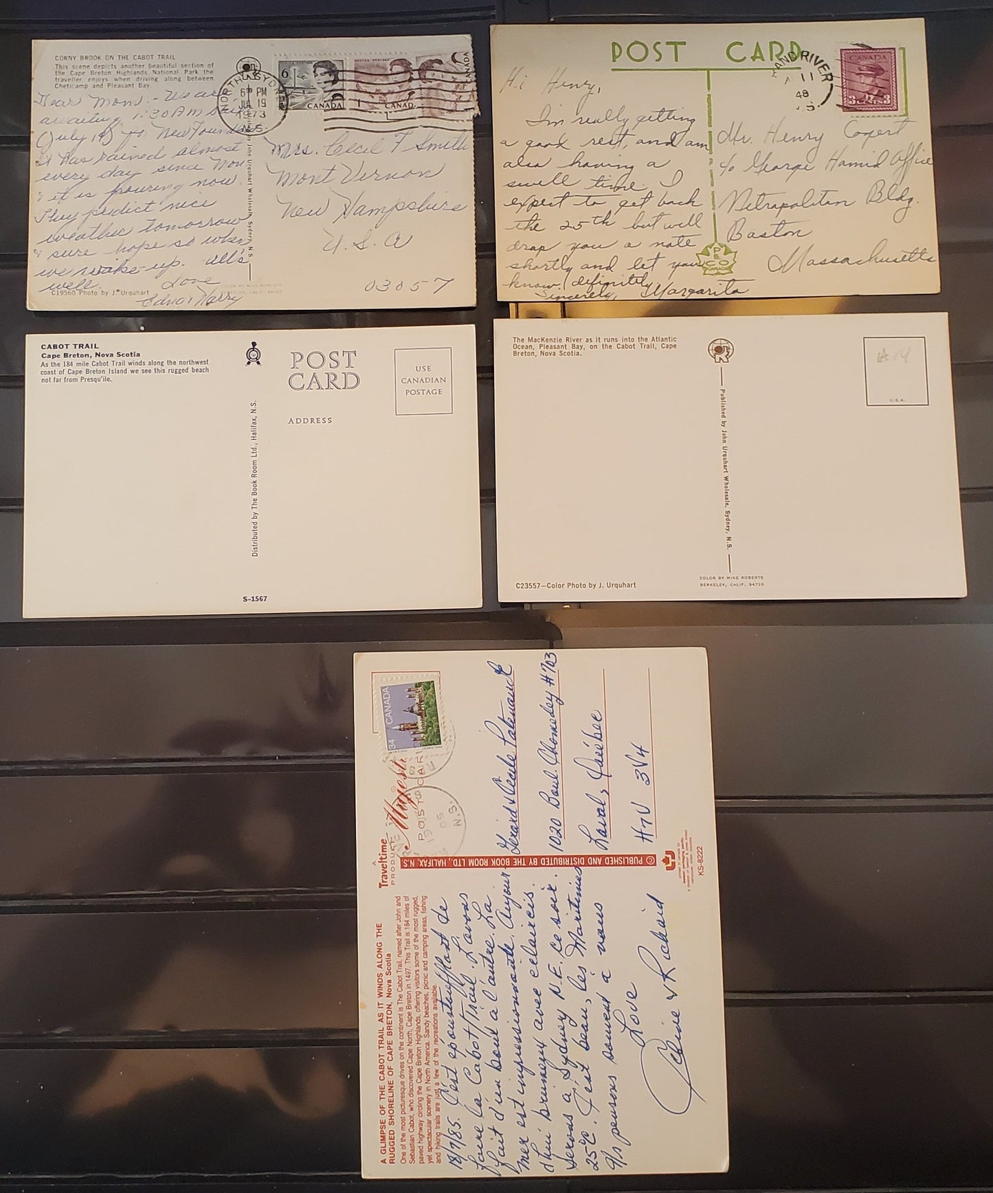 A Group of 5 Postcards From Cape Breton, Nova Scotia, Showing Cabot Trail, From The 1940's and 1970's-1980's, Overall VF, Net Est. $3