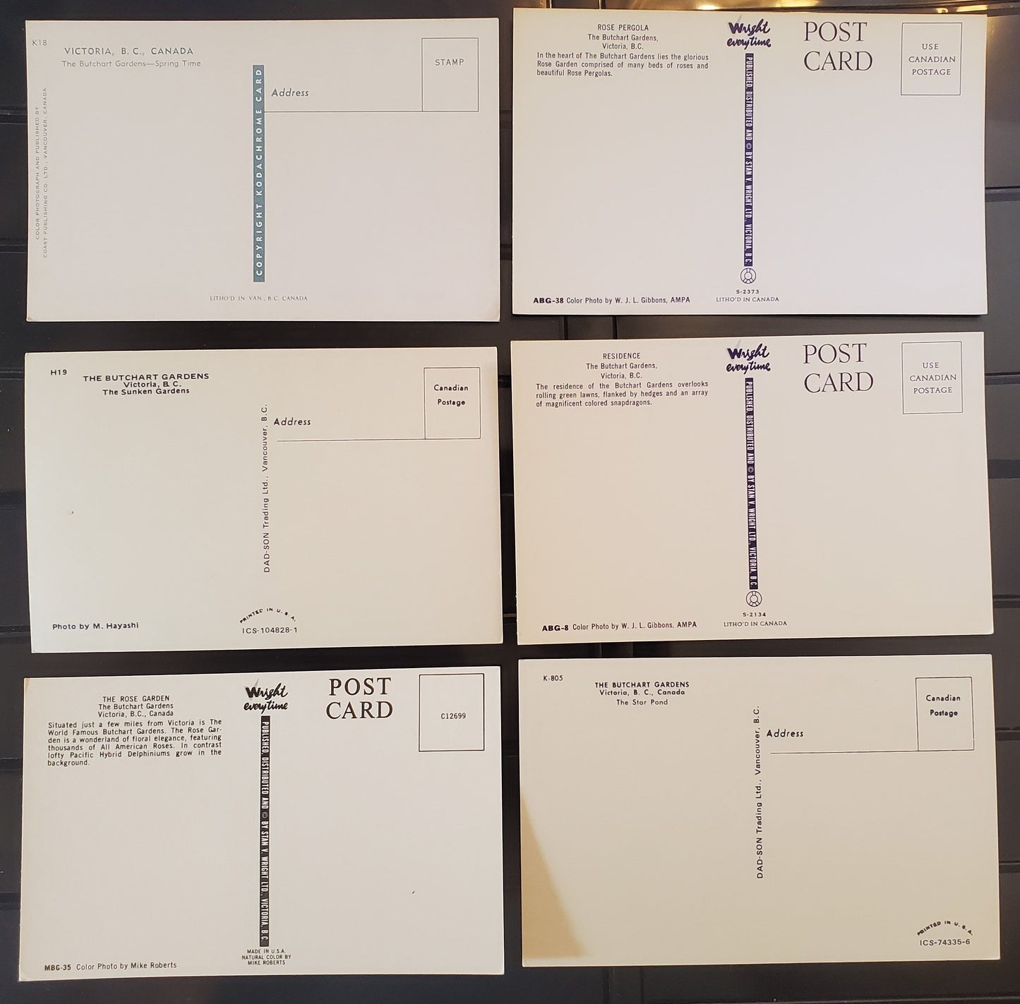 A Group of 6 Postcards From Victoria, BC, Showing The Butchart Gardens, From The 1960's, Overall VF, Net Est. $5