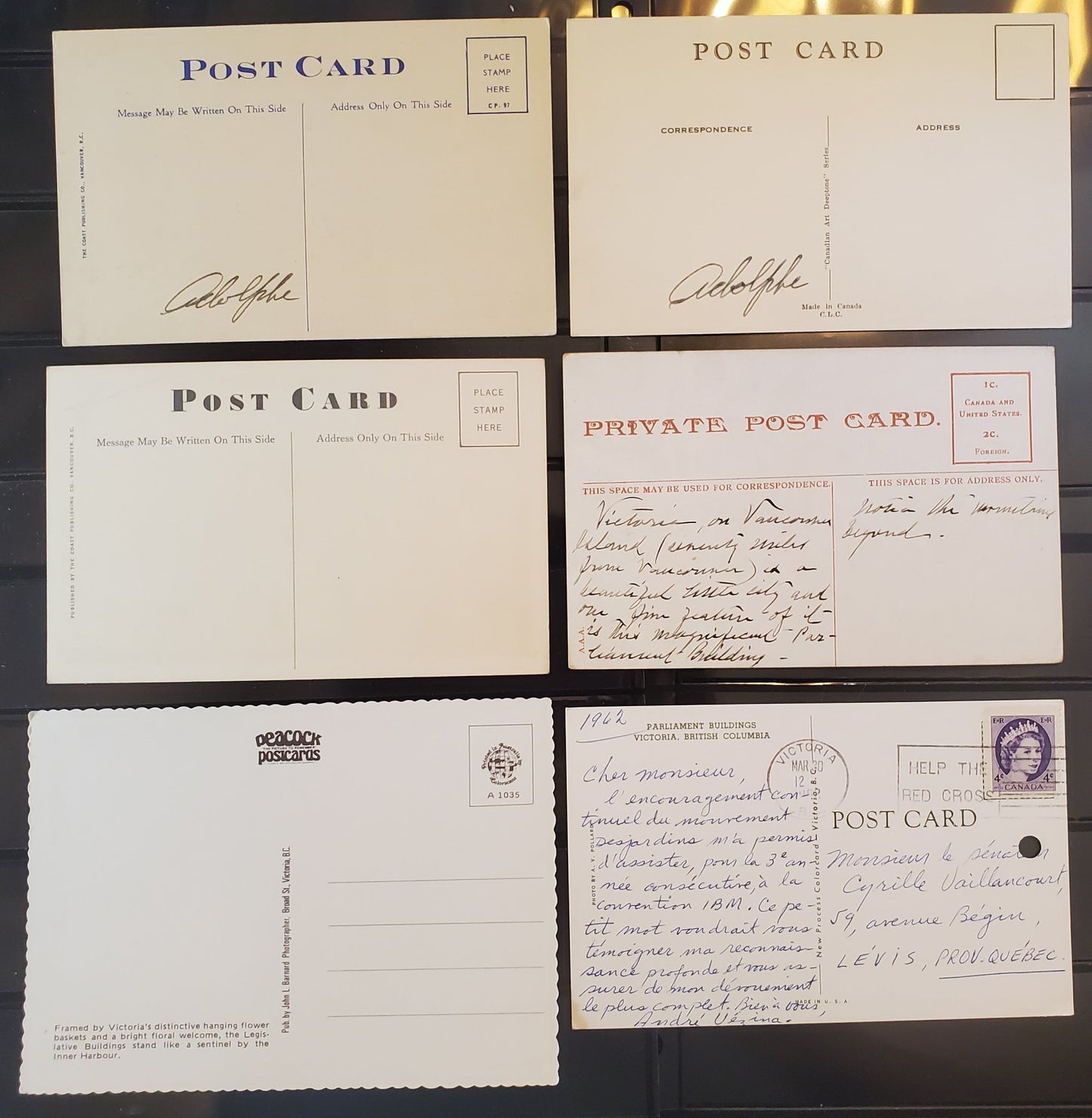 Lot 3 A Group of 6 Postcards From Victoria, BC, Showing Parliament Buildings, From The 1920's-1950's and 1960's-1970's, Overall VF, Net Est. $8