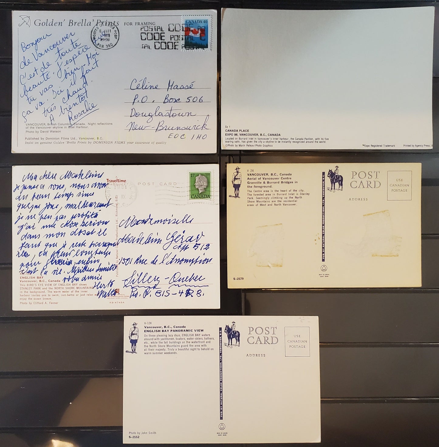 A Group of 5 Postcards From Vancouver, BC, Showing Vancouver Skyline, From The 1960's to 1990's, Overall Fine and VF, Net Est. $2