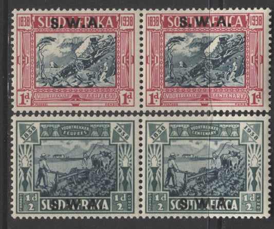 Lot 96 South West Africa SG#105-106, 1938 Voortrekker Centenary Overprinted Issue, 2 VFNH Pairs, Perf 14, Mult Springbok's Head Watermark, SG. Cat. 42 GBP = $72.24