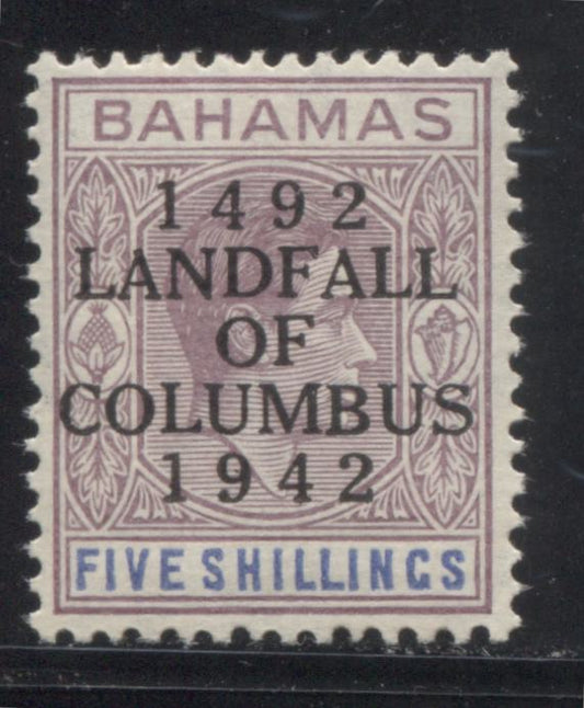 Lot 97 Bahamas SG#174 1942 Landfall Overprints on 1938-1952 Pictorial and Keyplate Definitive Issue, A VFNH Example of the 5/- On Thin Striated Paper,  Cat 50 GBP = $85