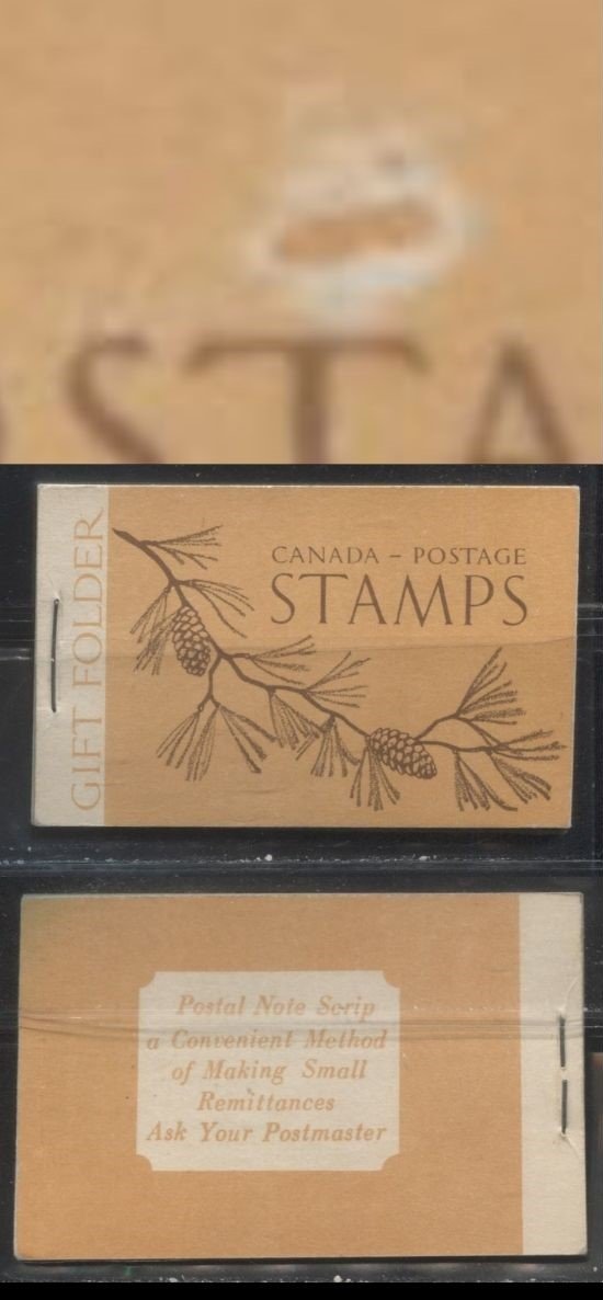 Lot 357 Canada #BK39a 1942-1949 War Issue Complete $1.00, English Booklet Containing 1 Pane Each of 6 of 3c and 4c Plus 2 Panes of 4 7c Airmail Stamps, 14 mm Staple, Constant Donut Flaw Above "T" of Postage