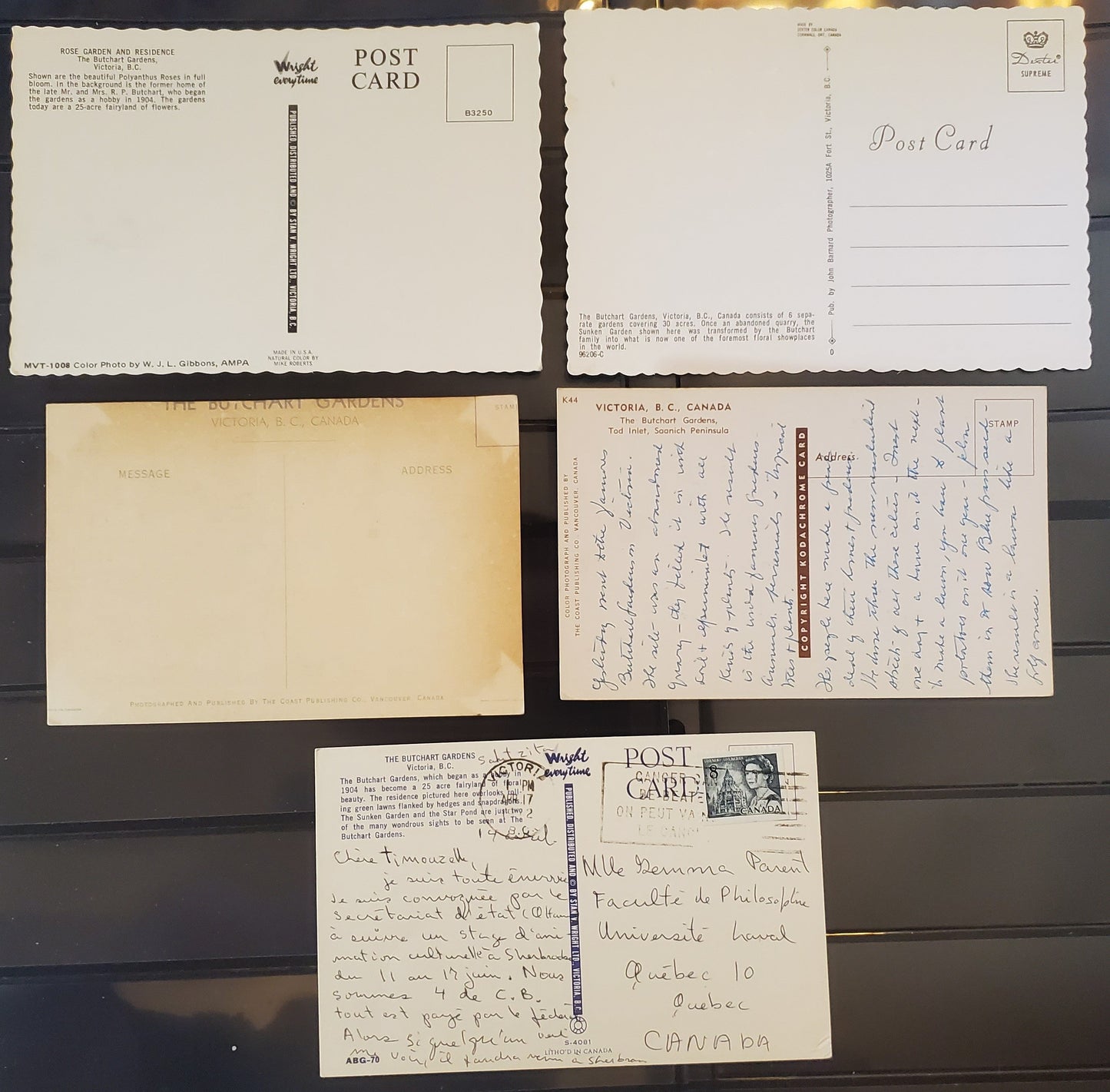 A Group of 5 Postcards From Victoria, BC, Showing The Butchart Gardens, From The 1950's-1970's, Overall Fine and VF, Net Est. $5