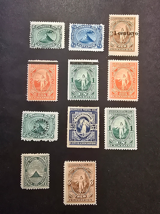 Lot 139 El Salvador SC#1a, 3a, 11, 13, 18, 20-25 1/2r - 1c on 3c Blue - Brown Volcano at Sain Miguel - Overprints, 1873-1889 Volcano - Surcharge Issues, 11 FOG Singles