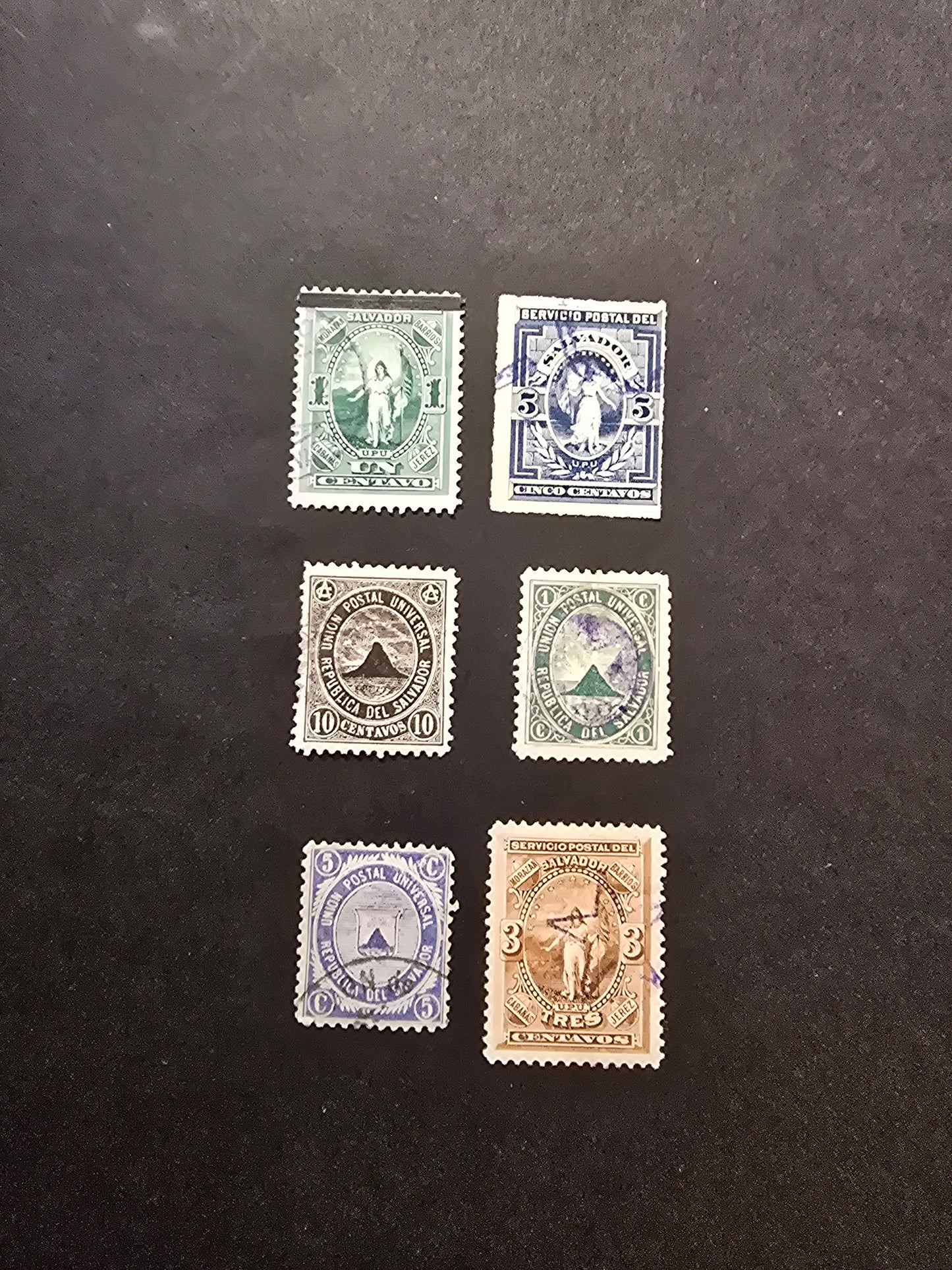 Lot 140 El Salvador SC#13,15a, 16, 18, 20, 23 1c Green Arms - Surcharges, 1879-1889 Coat of Arms - Surcharge Issues, 6 Fine/Very Fine Used Singles