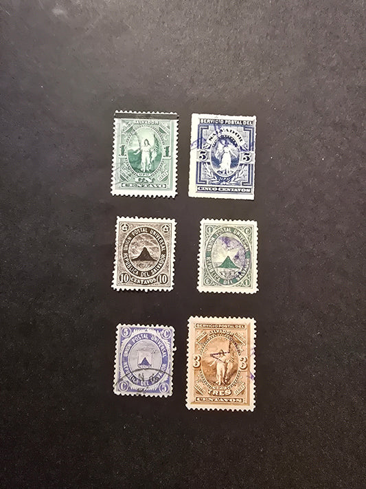 Lot 140 El Salvador SC#13,15a, 16, 18, 20, 23 1c Green Arms - Surcharges, 1879-1889 Coat of Arms - Surcharge Issues, 6 Fine/Very Fine Used Singles