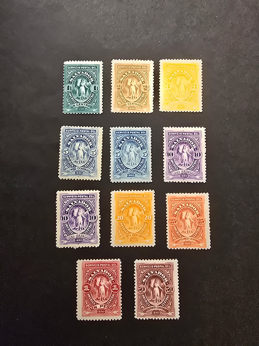 Lot 142 El Salvador SC#38-46 1c - 1p Green - Carmine Justice, 1890 Justice Seebeck Issue, 11 FOG Singles