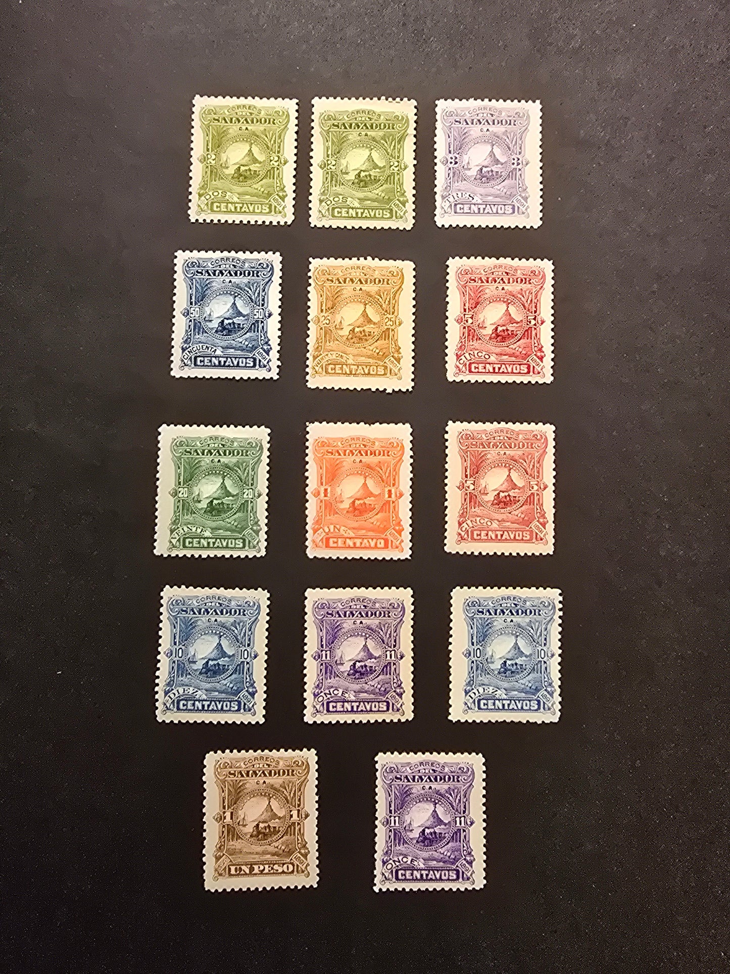 Lot 143 El Salvador SC#47-56 2c - 1p Green - Brown Arms, 1891 Arms Seebeck Issue, 14 F/VFOG Singles, Additional Shades