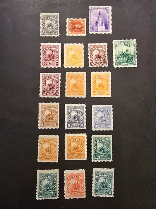 Lot 144 El Salvador SC#60-69, 84, 86-87 1c - 1c on 2c Blue Green - Brown Red Discovery of America By Columbus, 1892 Discovery of America By Columbus Issue, 19 F/VFOG Singles, With Shade & Paper Varieties
