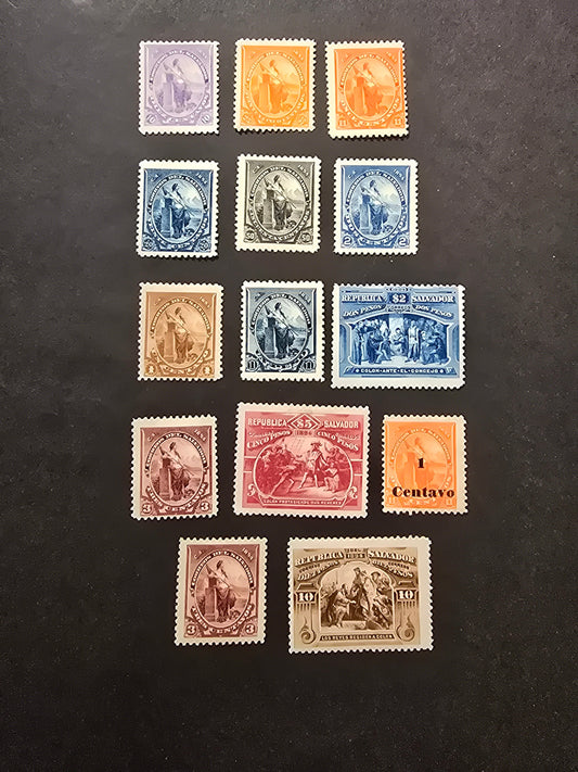 Lot 146 El Salvador SC#91-93, 95-104 1c - 1c on 10c Brown - Orange Liberty - Columbus, 1894 Discovery by Columbus & Surcharged Issues, 14 F/VFOG & Unused Singles, With Shade Varieties, 102 & 104 Have No Gum