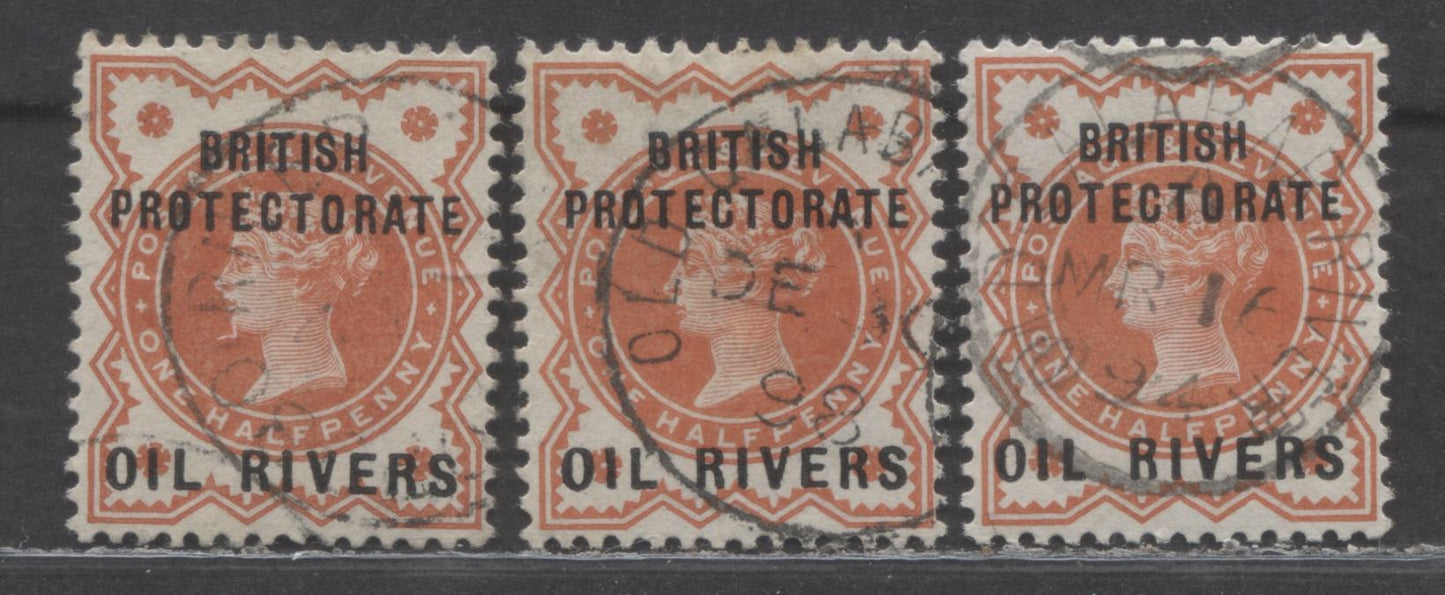 Lot 7 Niger Coast Protectorate SC#1 1/2d Vermilion 1892 Overprinted GB Issue, Type 1, 4 and 6 Overprints, 3 VF Used Examples, Click on Listing to See ALL Pictures, 2022 Scott Classic Cat. $39 USD