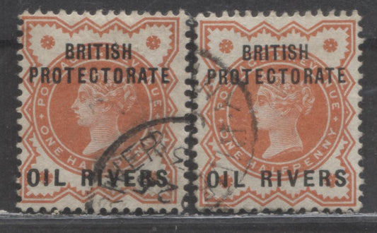 Lot 6 Niger Coast Protectorate SC#1 1/2d Vermilion 1892 Overprinted GB Issue, Type 2 and 5 Overprints, 2 VF Used Examples, Click on Listing to See ALL Pictures, 2022 Scott Classic Cat. $26 USD