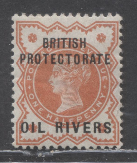 Lot 5 Niger Coast Protectorate SC#1 1/2d Vermilion 1892 Overprinted GB Issue, Position 40 Overprint Showing 3 Dots Between RI of Rivers, A VFOG Example, Click on Listing to See ALL Pictures, 2022 Scott Classic Cat. $22.5 USD