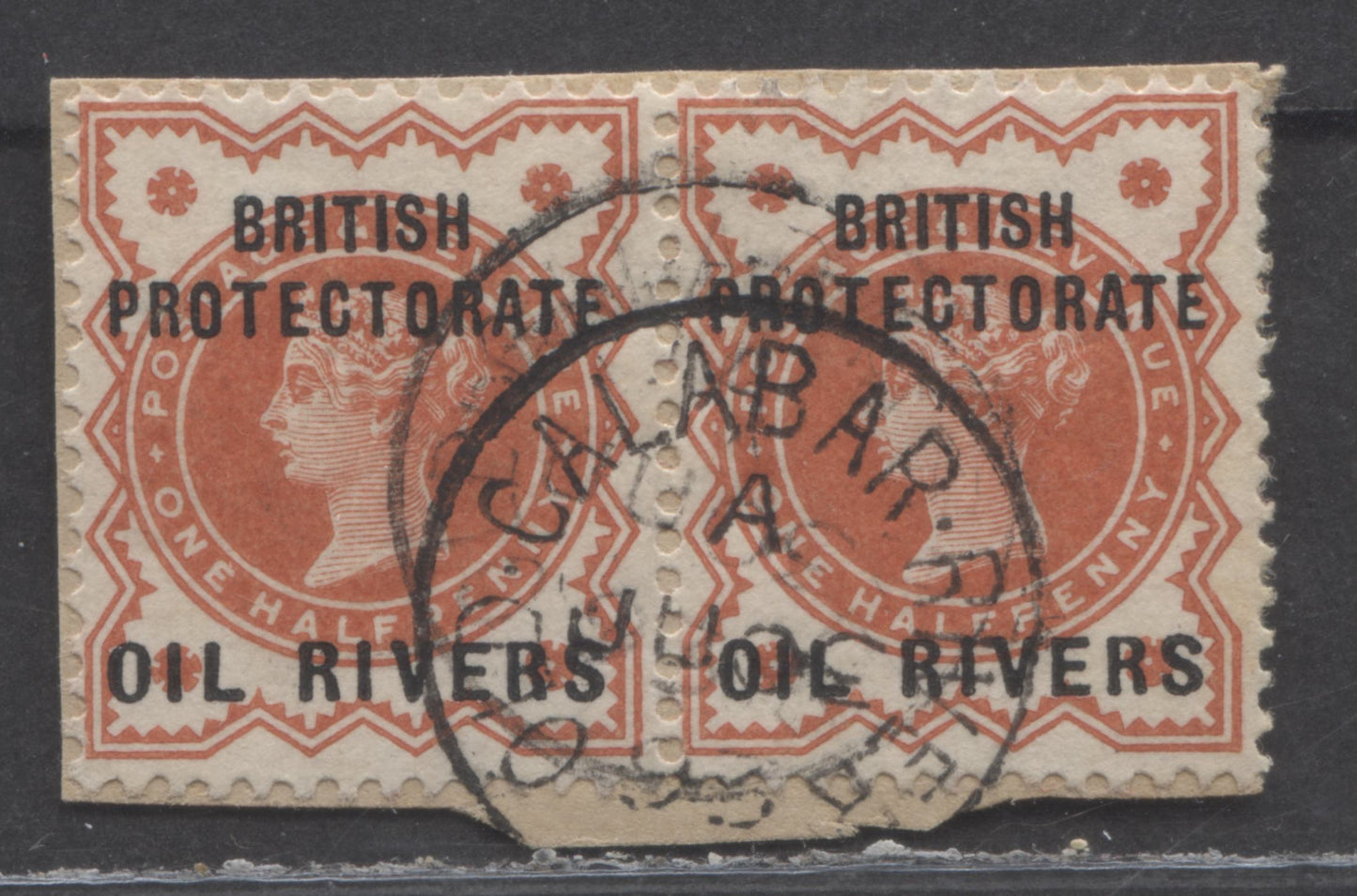 Lot 9 Niger Coast Protectorate SC#1 1/2d Vermilion 1892 Overprinted GB Issue, Position 47-48 Overprint Showing the Bulge in R, A VF Used Pair on Piece, Click on Listing to See ALL Pictures, 2022 Scott Classic Cat. $26 USD