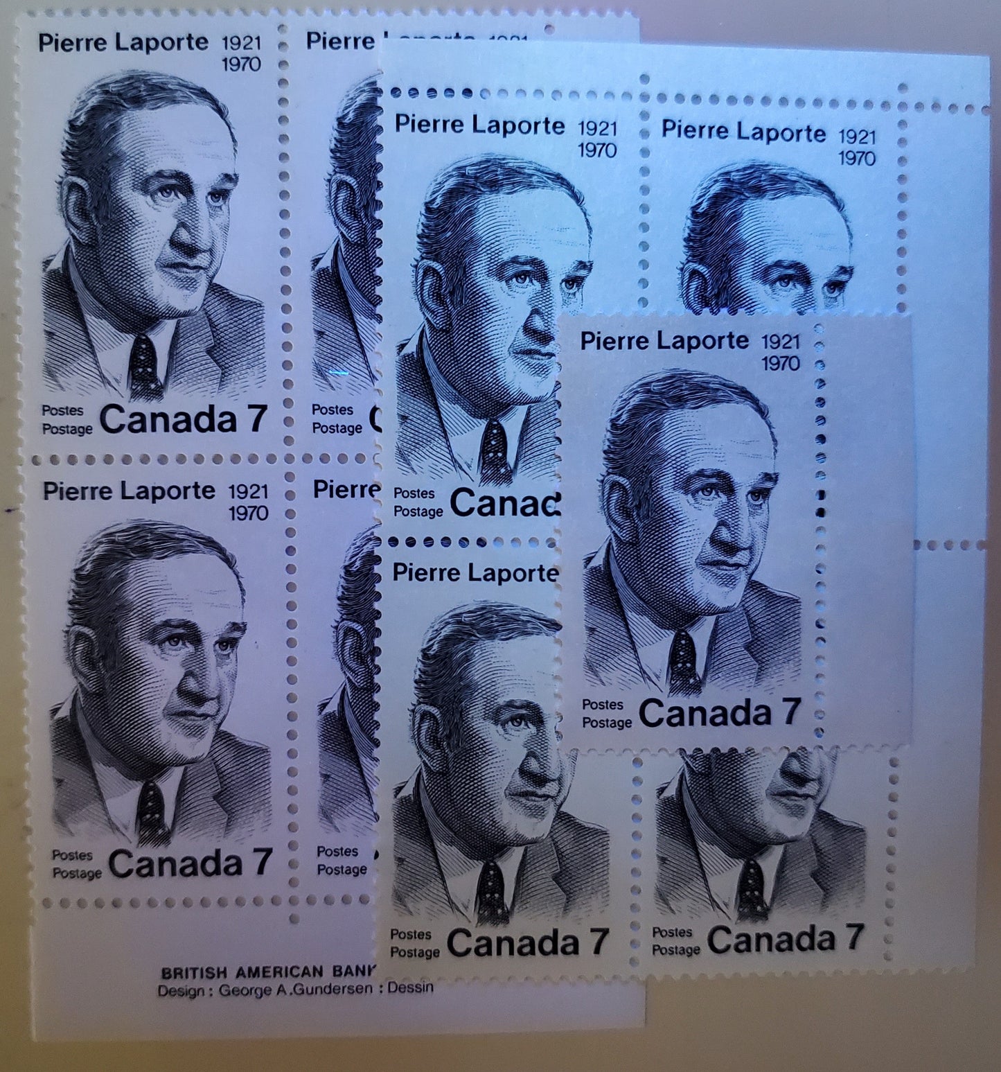 Lot 53 Canada #558,i 7c Black Pierre Laporte, 1971 Pierre Laporte, 4 VFNH Inscription Pairs With Different LF Backed Vertically Ribbed Papers