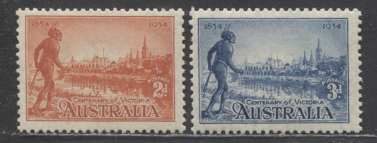 Australia SG#142a-143a 1934 Centenary Of Victoria, Perf 11.5, 2d Carmine & 3d Blue, 2 F/VFNH Singles, Click on Listing to See ALL Pictures, Estimated Value $12 USD