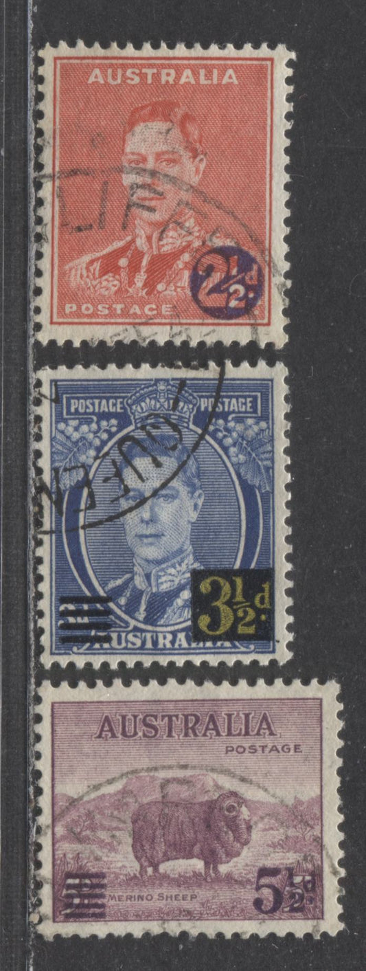 Australia SG#188-190 1941 Surcharge Issues, 2.5d On 2d Red - 5.5d On 5p, 3 Very Fine Used Singles, Click on Listing to See ALL Pictures, 2022 Scott Classic Cat. $4.95 USD