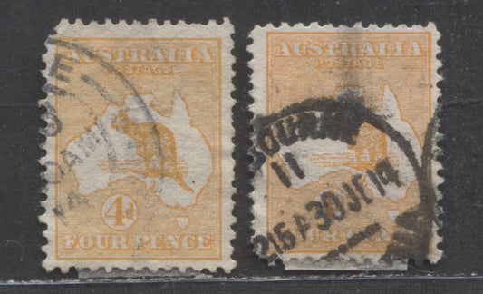 Australia SG#6/6a 1913-1914 Kangaroo & Map Issue, Orange & Orange Yellow Shades, First Wmk, 2 Ungraded Reference Examples, Click on Listing to See ALL Pictures, Estimated Value $5 USD