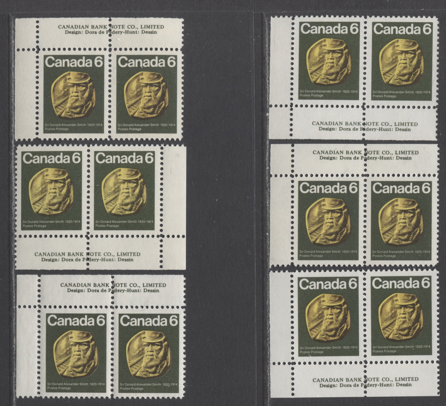 Canada #531 6c Dark Green, Yellow & Black Donald Alexander King, 1970 Sir Donald Alexander Smith Issue, 6 VFNH Margin Pairs With Various HF & HB Horizontal Ribbed Papers With Smooth & Streaky Gums
