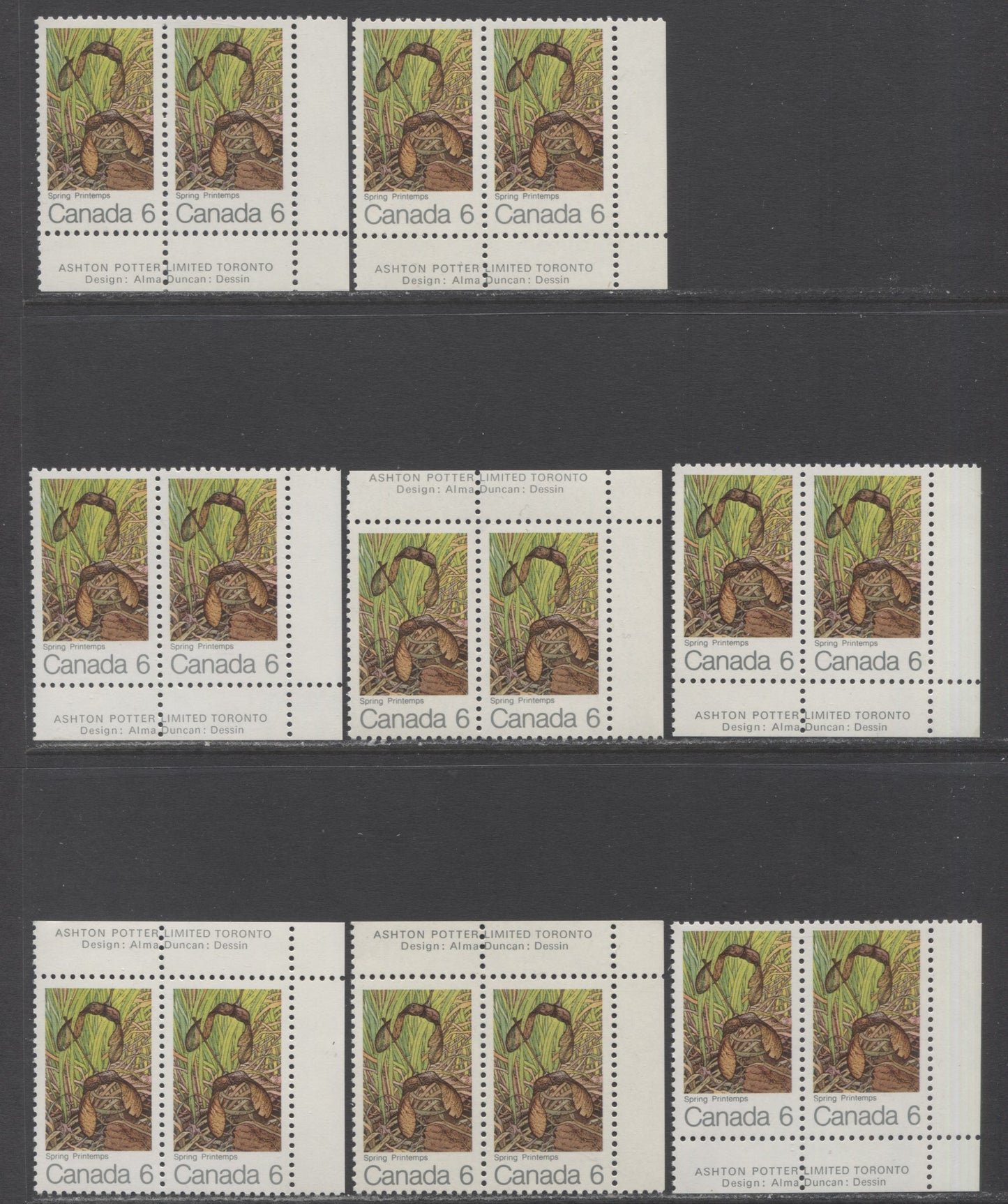 Canada #535 6c Multicolored Spring, 1971 Maple Leaves, 8 VFNH Inscription Pairs On Different HB/HF, HB/HB, HF/HF & MF/HB Horizontal Ribbed Papers