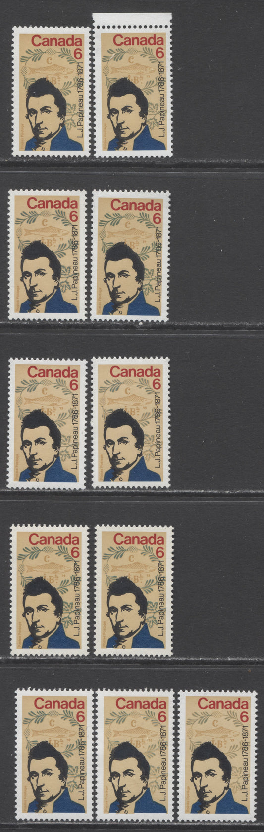 Lot 24 Canada #539,539ii 6c Multicoloured L.J. Papineau, 1971 L.J. Papineau Issue, 11 VFNH Singles On DF/DF,DF/LF,DF/f And DF/MF Papers With Satin And Matte PVA Gums