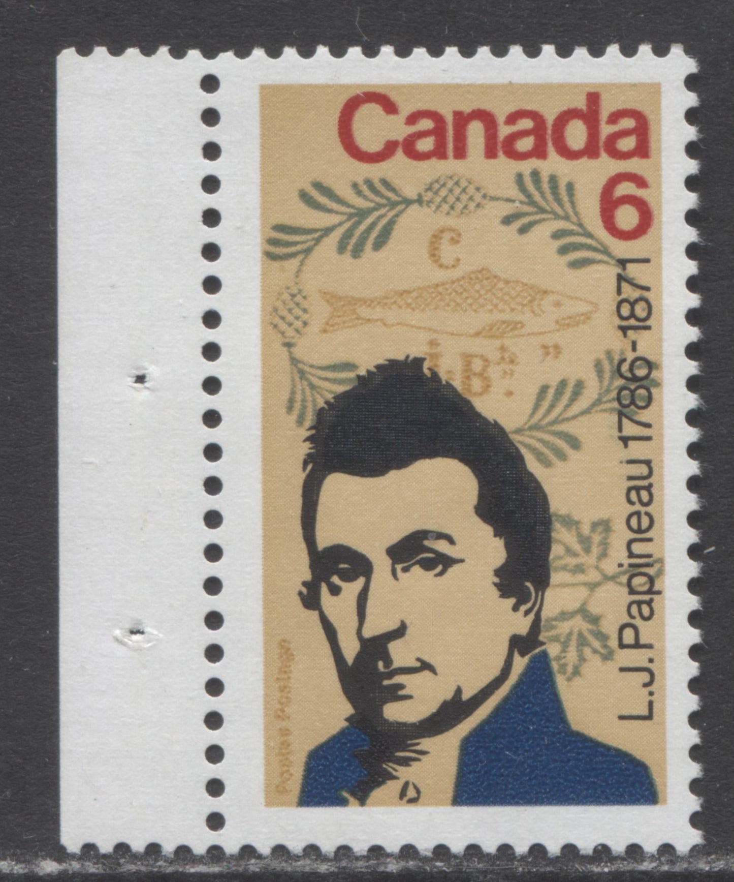 Canada #539 var 6c Multicoloured L.J. Papineau, 1971 L.J. Papineau Issue, A FNH Single With Weak Kiss Print Doubling Of Canada & 6 On DF/DF Paper With Matte PVA