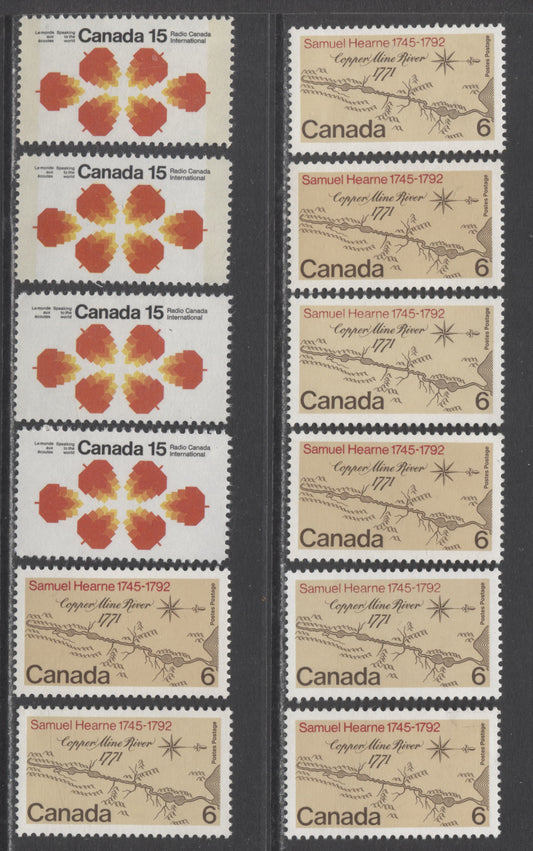 Canada #540-541p 6c & 15c Multicolored Copper Mine River & Maple Leaves, 1971 Samuel Hearne & Radio Canada Issues, 12 VFNH Singles With Different NF/DF & HB Papers, Red & Crimson Inscriptions, W2B Tagged & Untagged