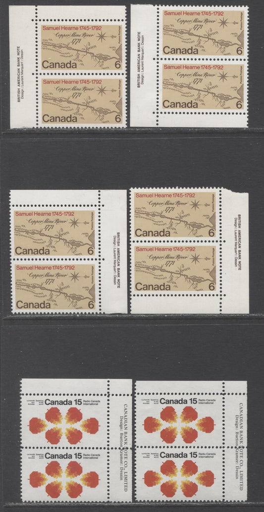 Canada #540-541 6c & 15c Multicolored Copper Mine River & Maple Leaves, 1971 Samuel Hearne & Radio Canada Issues, 6 VFNH Inscription Pairs On Different DF/DF, NF/DF & HB Papers, Large Red Inscriptions