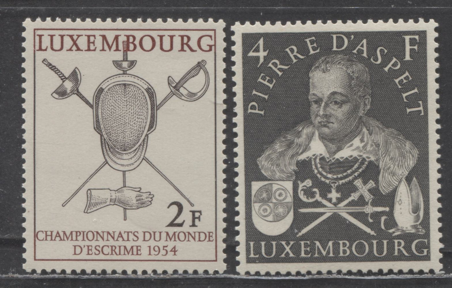 Lot 290 Luxembourg SC#297-298 1953 Pierre d'Aspelt & Fencing Issues, 4fr Black & 2fr Red Brown/Black Brown, 2 VFNH Singles, Click on Listing to See ALL Pictures, 2022 Scott Classic Cat. $13.5 USD