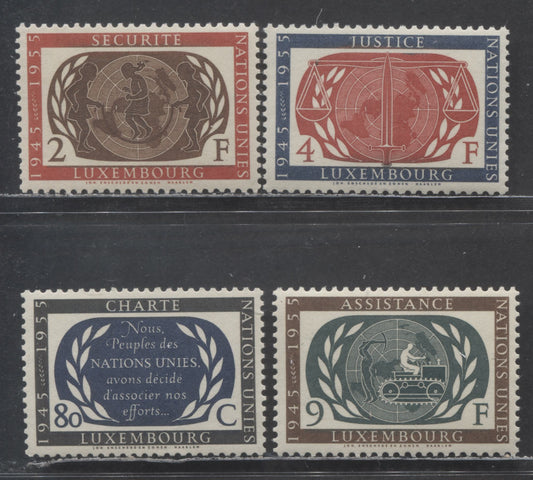 Luxembourg SC#306-309 1955 UN 10th Anniversary Issue, 50c Black/Dark Blue - 9Fr Dark Brown/Slate Green, 4 VFNH Singles, Click on Listing to See ALL Pictures, 2022 Scott Classic Cat. $11 USD