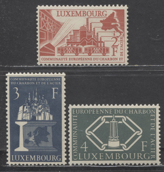 Luxembourg SC#315-317 1956 European Coal & Steel Community Issue, 2Fr Dull Red - 4Fr Green, 3 VFNH Singles, Click on Listing to See ALL Pictures, 2022 Scott Classic Cat. $55 USD