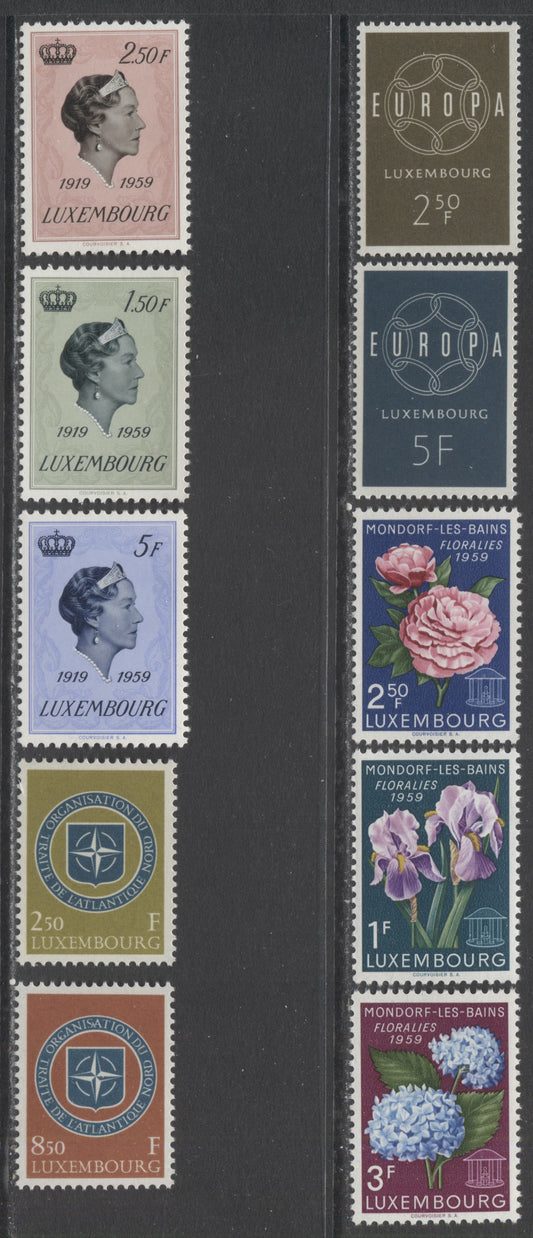 Luxembourg SC#346-355 1959 40th Aniiversary Of Grand Duchess Charlotte's Ascension Issue, 10 VFNH Singles, Click on Listing to See ALL Pictures, 2022 Scott Classic Cat. $9.4 USD