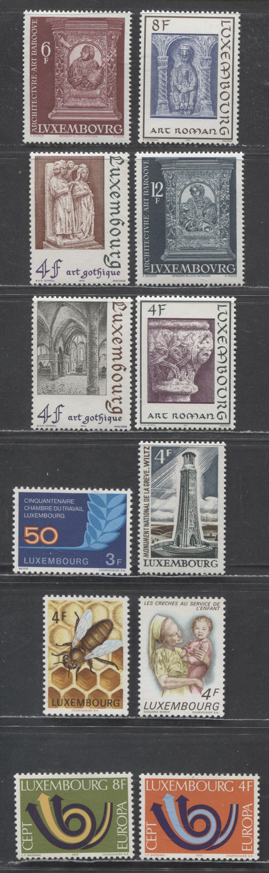 Luxembourg SC#523/538 1973 Europa & Architecture Issues, 12 VFNH Singles, Click on Listing to See ALL Pictures, 2022 Scott Classic Cat. $6.3 USD