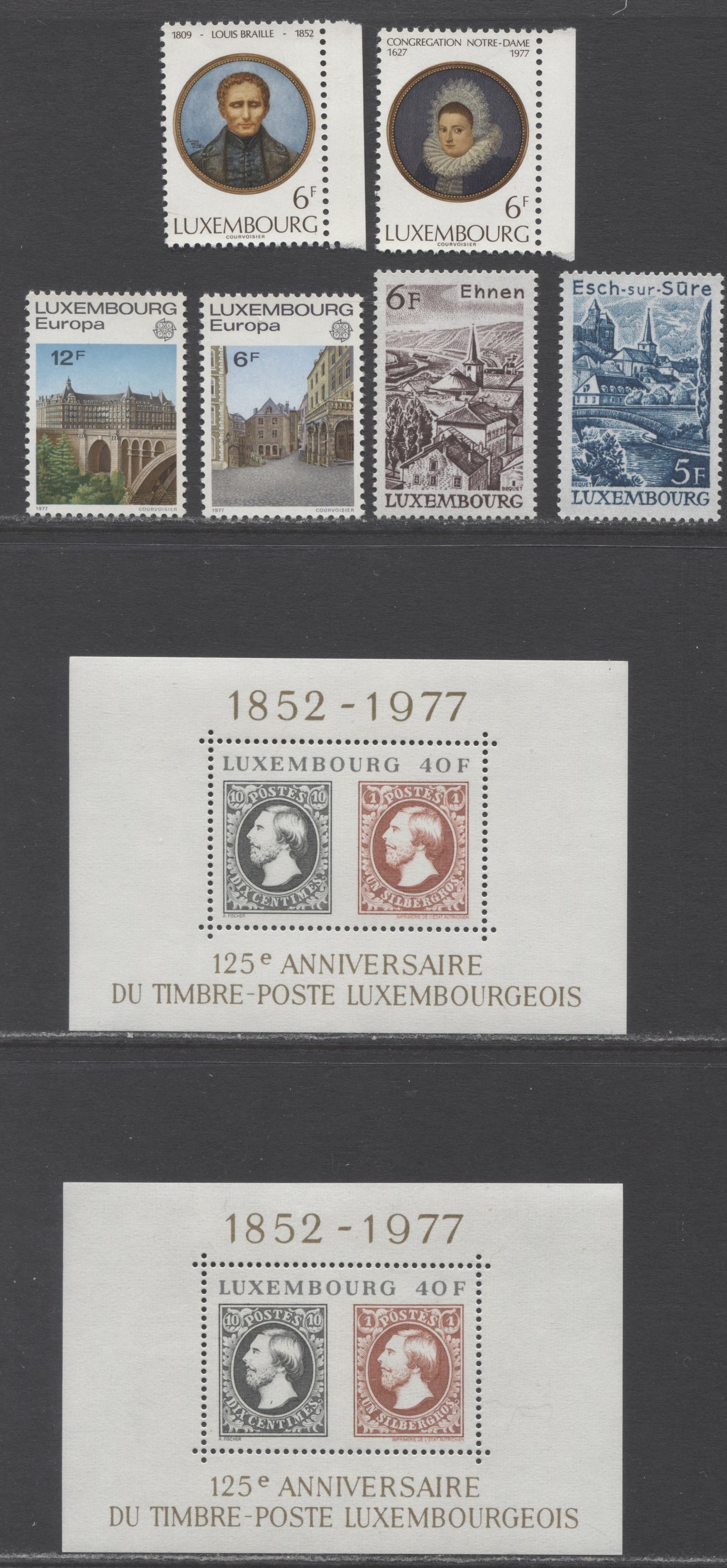 Lot 62 Luxembourg SC#597-603 1977 125th Anniversary Of First Stamps Europa Issue, On HF & Hibrite Papers, 7 VFNH Singles & Souvenir Sheets, Click on Listing to See ALL Pictures, 2022 Scott Classic Cat. $14.6 USD